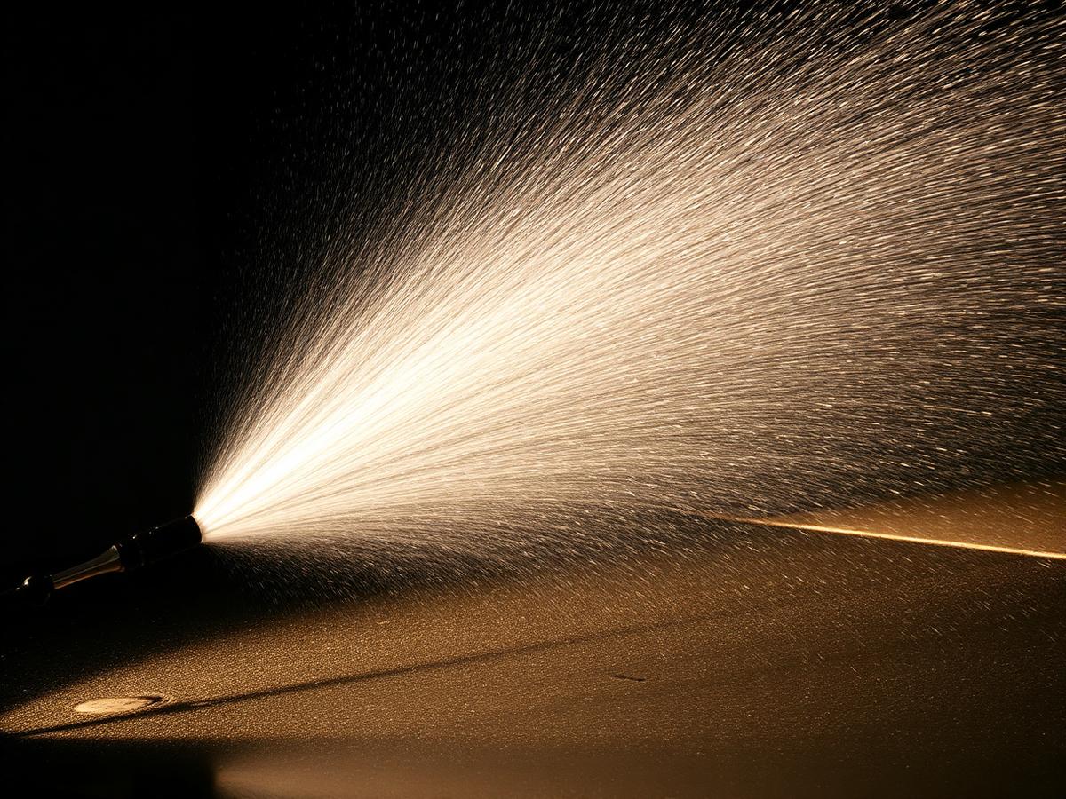 High-pressure water cleaning a driveway with dramatic lighting